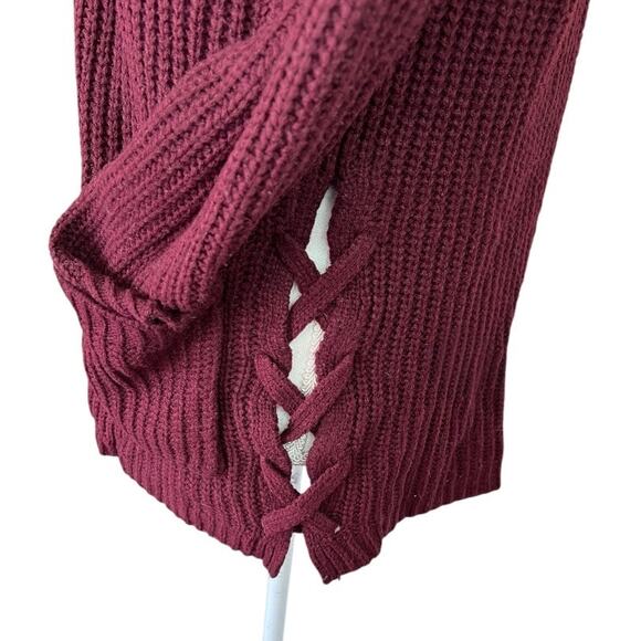 Hooked up burgundy ribbed knit open front cardigan lace up sides casual cozy - Picture 4 of 6